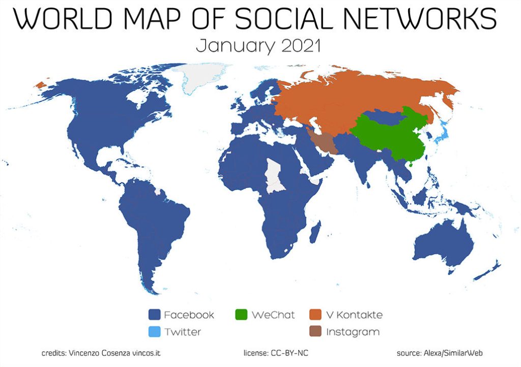 worldmap showing which social media is most popular in which country